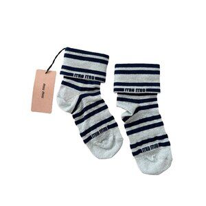 Miu Miu Striped Navy Silver Cuffed Socks ( L )
